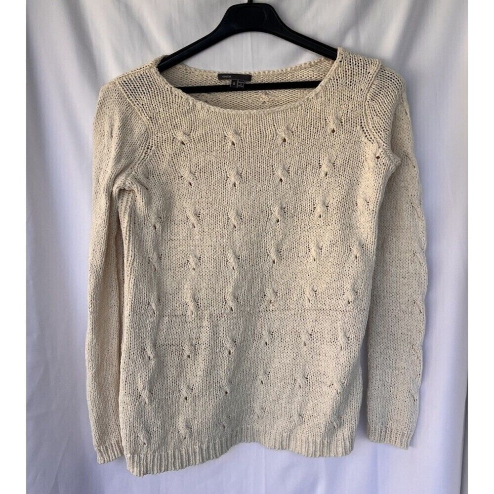 Vince Long Sleeve Cotton Open Knit Pullover Sweater Cream Women's Small Eyelet